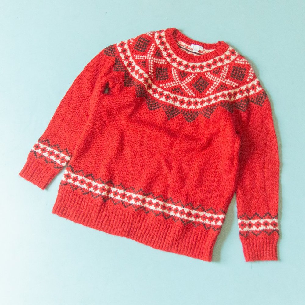J Jill Holiday Red Fair Isle Chunky Wool Knit Crew Neck Pullover Sweater Sz S